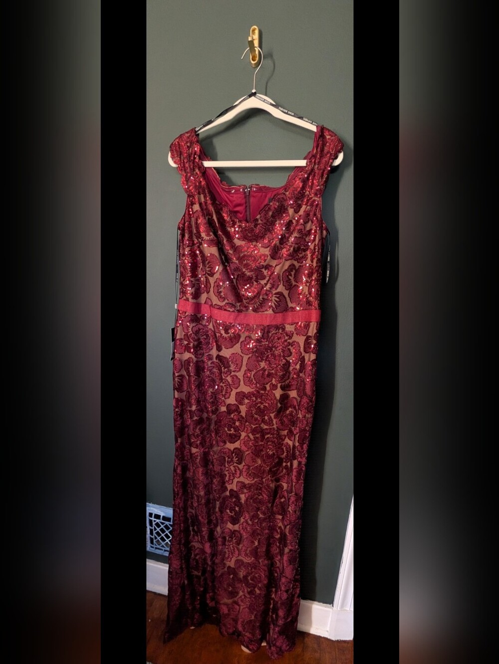 Tadashi Shoji Burgundy Sequin Floral Gown